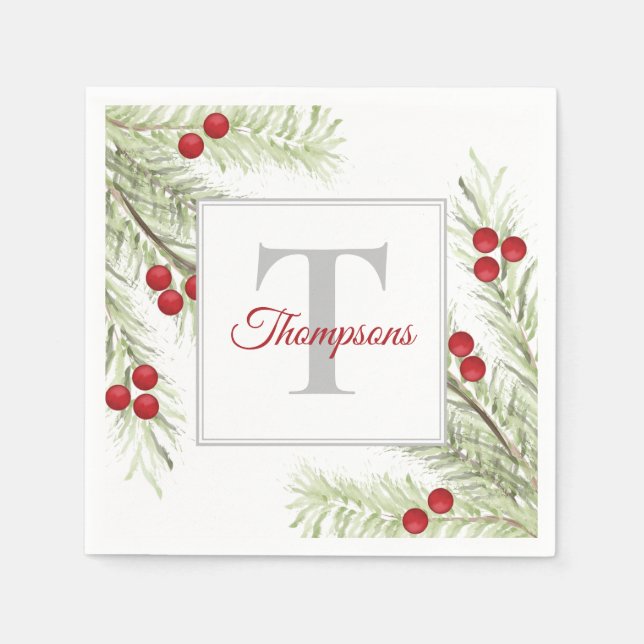 Serviette En Papier Nouvel Aquarelle de Noël Vert Fruits de Noël (Devant)