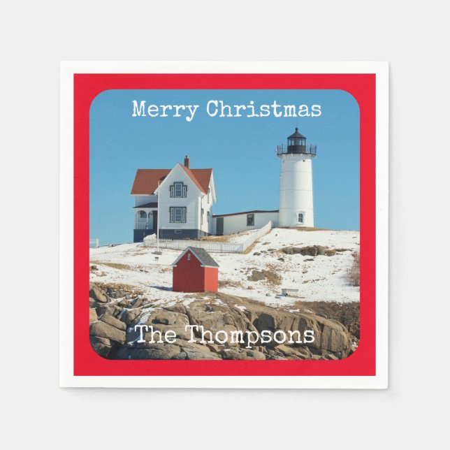 Serviette En Papier Nubble Joyeux Noël Rouge Famille Phare (Devant)