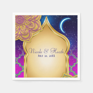 Serviette En Papier Nuit arabe de lune bleue Glam or violet Mariage
