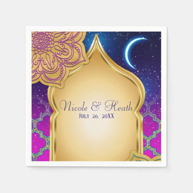 Serviette En Papier Nuit arabe Lune bleue Mariage Glam Or Violet (Devant)