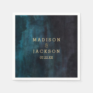 Serviette En Papier Nuit Bleue Aquarelle & Or Monogramme Mariage