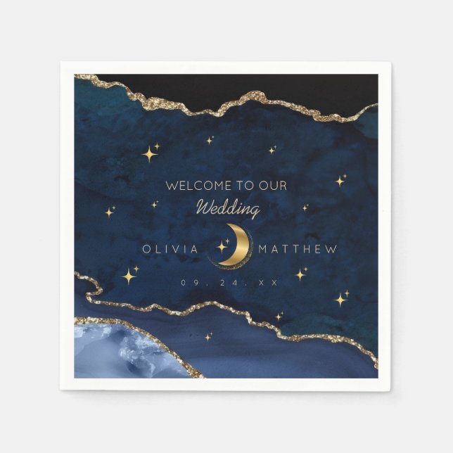 Serviette En Papier Nuit étoilée mariage bleu céleste Lune  (Devant)