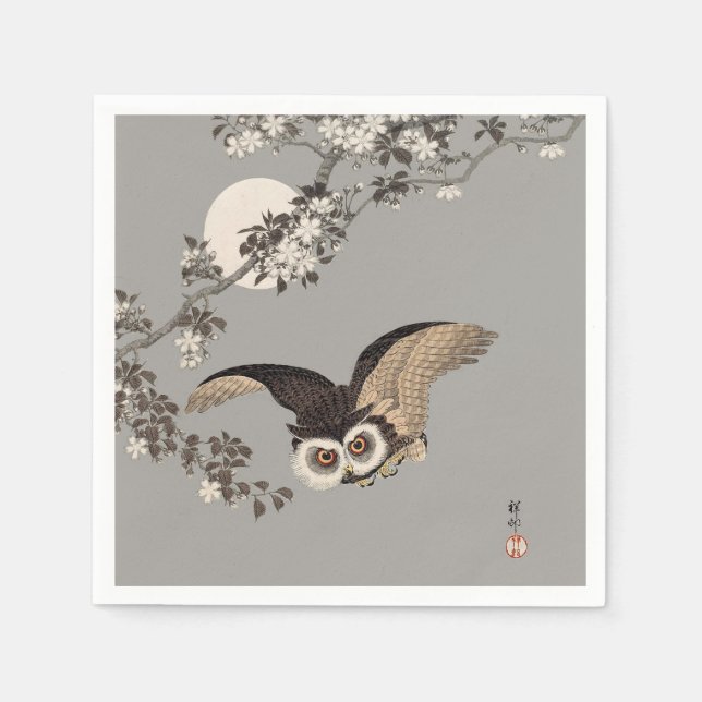 Serviette En Papier Nuit Japonaise Chouette Lune Bois Coupe Flying Nig (Devant)