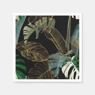 Serviette En Papier Nuit tropicale vintage palme, banane, plante, or