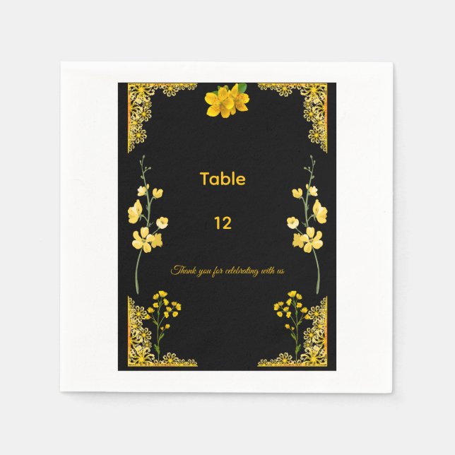 Serviette En Papier Numéro de table de mariage noir et or (Devant)