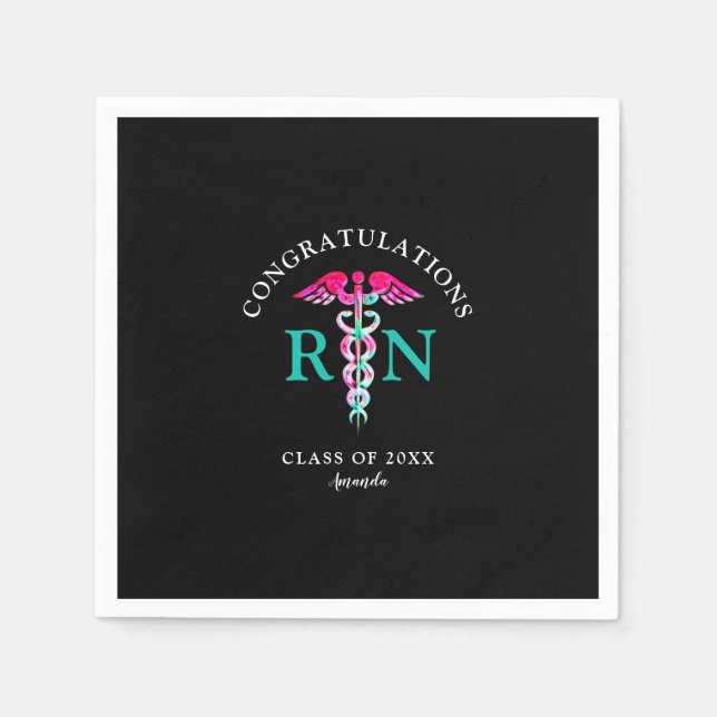 Serviette En Papier Nurse RN Black Rose Turquoise Graduation Party (Devant)