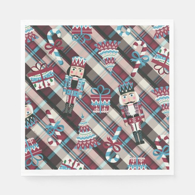 Serviette En Papier Nutcracker de Noël Plaid Blue Burgundy Naples (Devant)