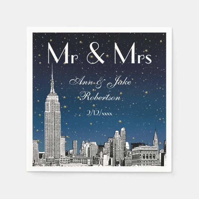 Serviette En Papier NYC Skyline bleu étoilé Mariage no 2 (Devant)