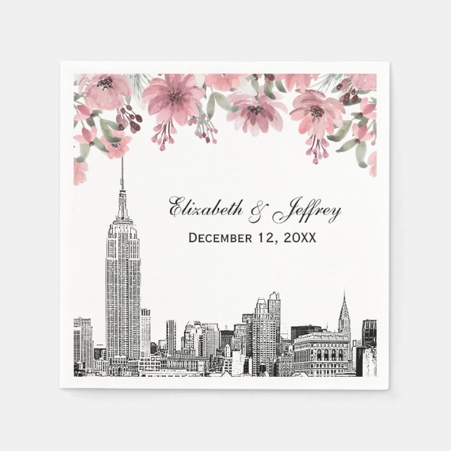 Serviette En Papier NYC Skyline ESB Etch rose Floral Aquarelle (Devant)