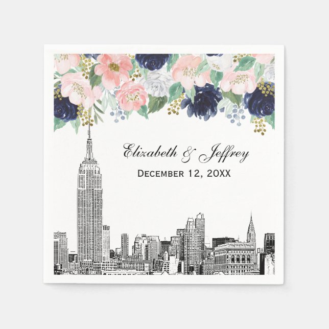 Serviette En Papier NYC Skyline ESB Etch Rose Wht Blue Gold Floral (Devant)