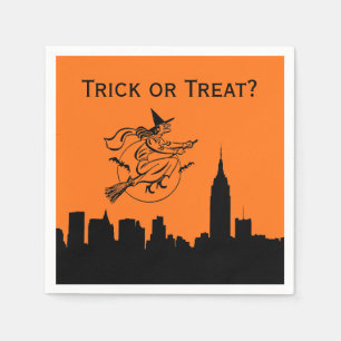 Serviette En Papier NYC Skyline Silhouette Halloween Flying Witch