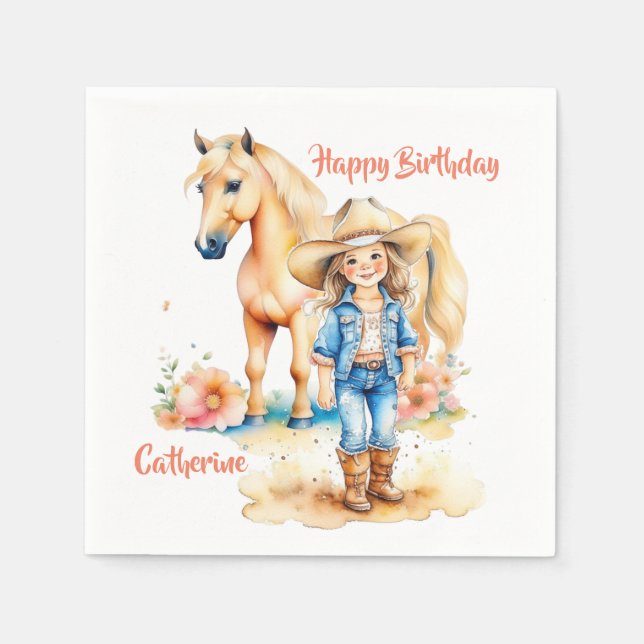 Serviette En Papier Occidentale Cowgirl and Horse Personnalisé Anniver (Devant)