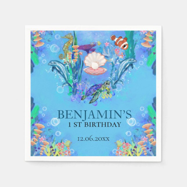 Serviette En Papier Océan Animaux de mer Wild Un Anniversaire serviett (Devant)