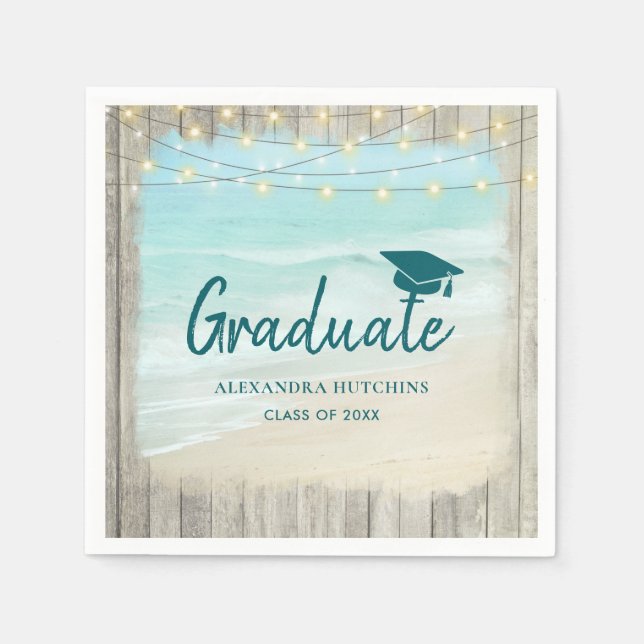 Serviette En Papier Ocean Beach Rustic Wood Lights Graduation Party (Devant)