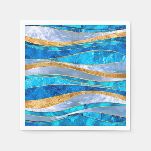 Serviette En Papier Océan Blue Gold Métallic Wavy Abstrait (Devant)