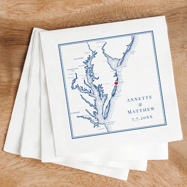 Serviette En Papier Ocean City MD Elegant Marine Blue Map Mariage (These Ocean City, MD map cocktail napkins are perfect for your Maryland destination wedding.)