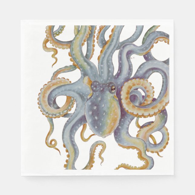 Serviette En Papier Octopus Blue Pastel Couleur Aquarelle Art (Devant)