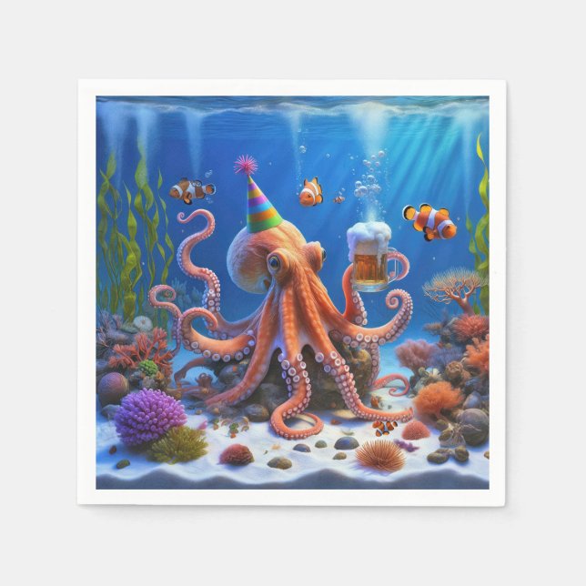 Serviette En Papier Octopus d'anniversaire avec une bière (Devant)