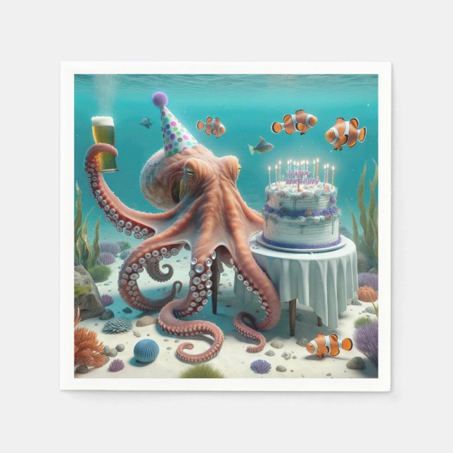Serviette En Papier Octopus d'anniversaire avec une bière (Devant)