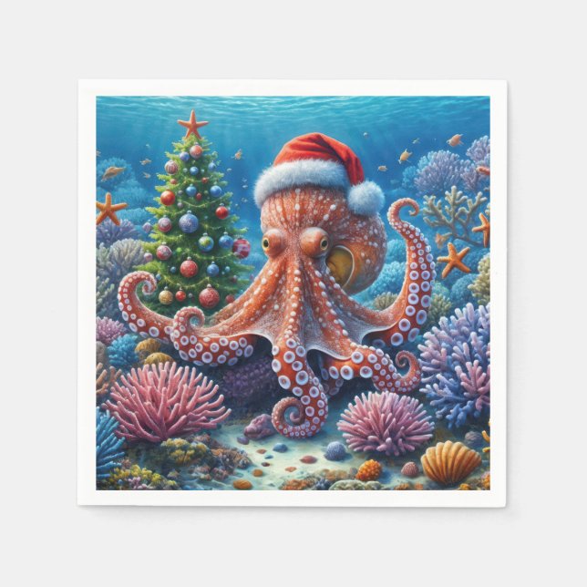 Serviette En Papier Octopus de Noël portant un chapeau de Père Noël (Devant)