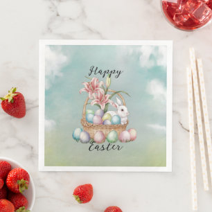 Serviette En Papier Œufs aquarelle et pastel de lys avec lapin dans un