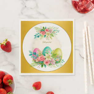 Serviette En Papier Œufs de Pâques floraux & Roses roses à l'aquarelle