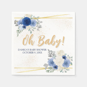 Serviette En Papier Oh Baby Blue Floral & Gold Baby shower serviettes