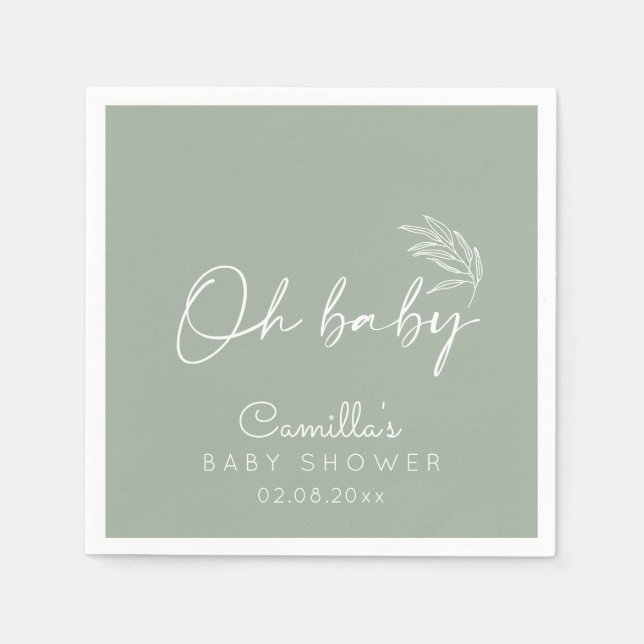 Serviette En Papier Oh Baby Sage Vert Baby shower moderne (Devant)