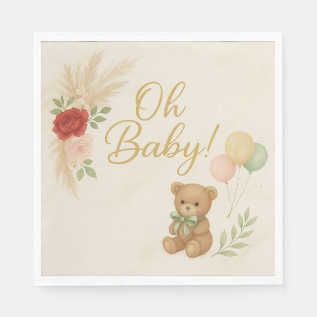 Serviette En Papier Oh Baby Shower Napkins with Teddy Bear & Pampas  (Devant)