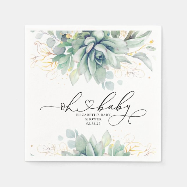 Serviette En Papier Oh Baby Succulents Baby shower de verdure or (Devant)