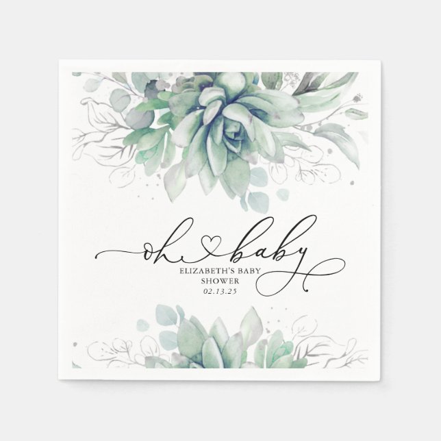 Serviette En Papier Oh Baby Succulents Baby shower vert argent (Devant)