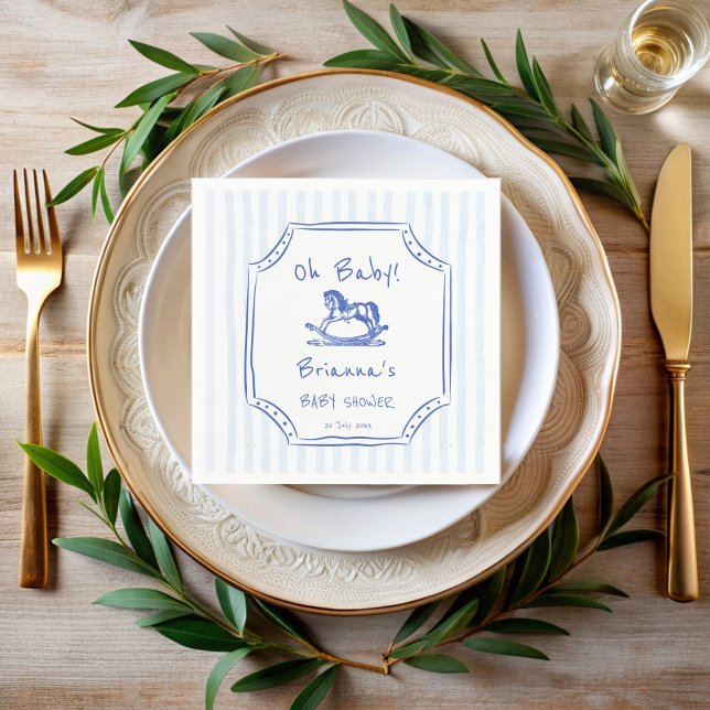 Serviette En Papier Oh bébé bleu rocking cheval croquis baby shower (Oh baby blue rocking horse handrawn sketch baby shower  monogrammed napkins personalized table decor)