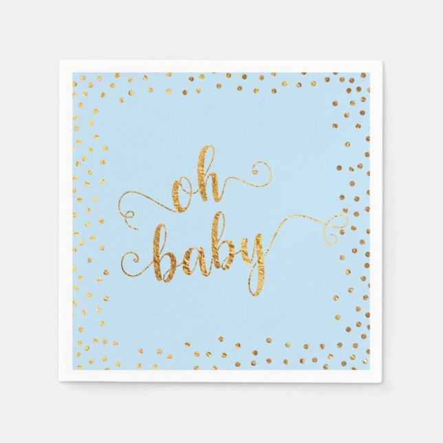 Serviette En Papier "Oh Bébé" Faux Gold Foil Confetti Bébé Douche Bleu (Devant)