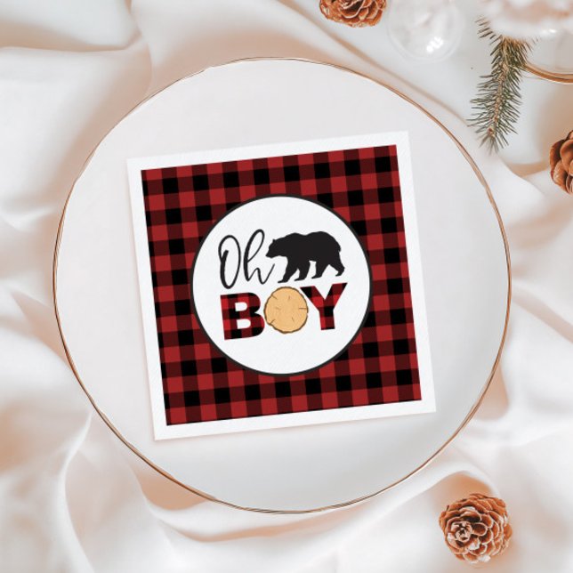 Serviette En Papier Oh Boy Bear Buffalo Plaid Baby shower (Créateur téléchargé)
