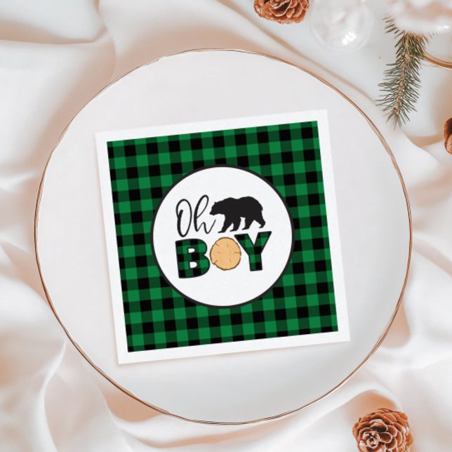 Serviette En Papier Oh Boy Bear vert Buffalo Plaid Baby shower (Créateur téléchargé)