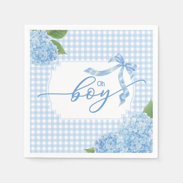 Serviette En Papier Oh Boy Blue Gingham Plaid Hydrangea Baby Shower Na (Devant)