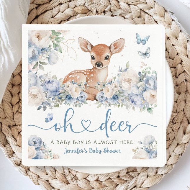 Serviette En Papier Oh Deer Baby Shower Boy Dusty Blue Paper Napkin (Créateur téléchargé)