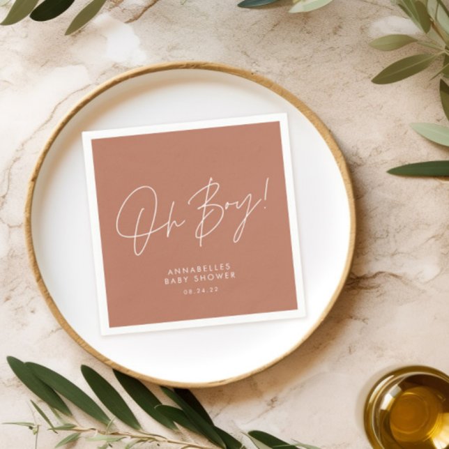 Serviette En Papier oh garçon Script de Baby shower élégant en terraco (Créateur téléchargé)