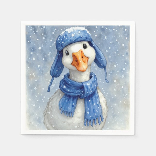 Serviette En Papier Oie blanche de Noël avec écharpe bleue (Devant)
