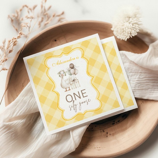 Serviette En Papier Oie Ridicule 1er Anniversaire Gingham Jaune (Créateur téléchargé)