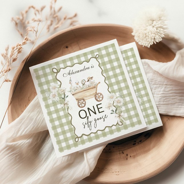 Serviette En Papier Oie Ridicule 1er Anniversaire Vert Gingham (Créateur téléchargé)