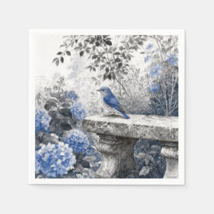 Serviette En Papier Oiseau Bleu au Lavis d'Encre sur un Banc de Jardin