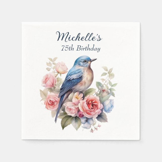 Serviette En Papier Oiseau Bleu Fleurs Roses 75e Anniversaire (Devant)