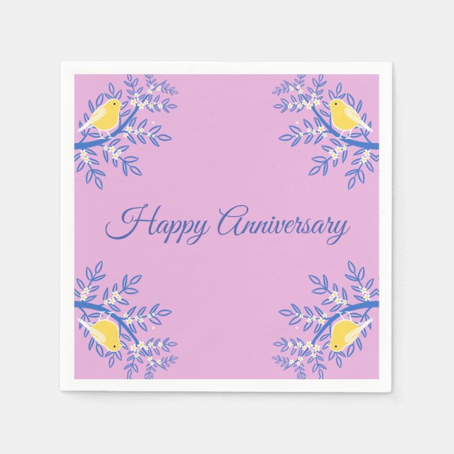 Serviette En Papier Oiseau canarien jaune, branches bleues, rose (Devant)