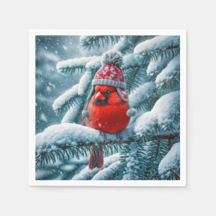 Serviette En Papier Oiseau cardinal rouge portant un Casquette d'hiver