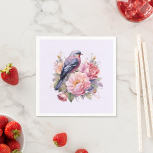 Serviette En Papier Oiseau chanteur debout sur des pivoines roses