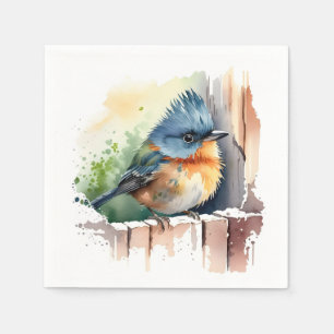 Serviette En Papier Oiseau D'Aquarelle Sur Une clôture