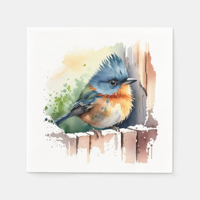 Serviette En Papier Oiseau D'Aquarelle Sur Une clôture (Devant)
