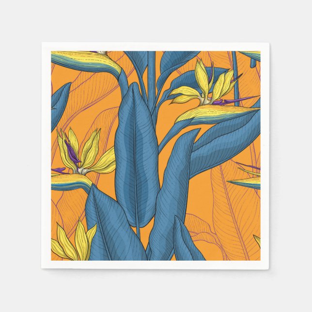 Serviette En Papier Oiseau de fleurs paradisiaques sur orange (Devant)