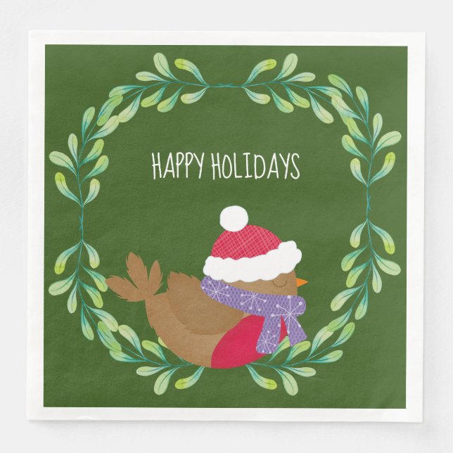 Serviette En Papier Oiseau De Noël Sur Un Papier De Branche Napkin (Devant)